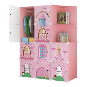 SOGA 10 Cubes Pink Castle Print Portable Wardrobe Divide Grid Modular Storage Organiser Foldable Closet Wrobe3526 AU DEPOT - AU DEPOT