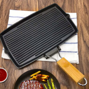 SOGA 20.5cm Rectangular Cast Iron Griddle Grill Frying Pan with Folding Wooden Handle, Home & Living, Kitchen & Dining, Cookware, Frying Pans, ,  - AU DEPOT 2