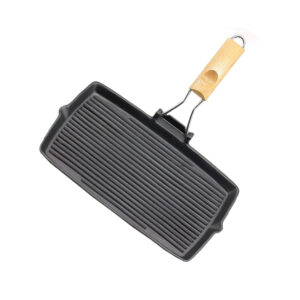 SOGA 20.5cm Rectangular Cast Iron Griddle Grill Frying Pan with Folding Wooden Handle, Home & Living, Kitchen & Dining, Cookware, Frying Pans, ,  - AU DEPOT 1