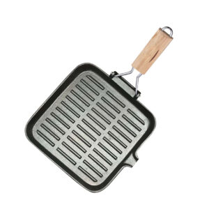 SOGA 24cm Ribbed Cast Iron Square Steak Frying Grill Skillet Pan with Folding Wooden Handle Frying Pans ZPai010 AU DEPOT Frying Pans - AU DEPOT