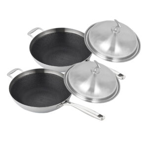 SOGA 2X 1810 Stainless Steel Fry Pan 34cm Frying Pan Top Grade Textured Non Stick Interior Skillet with Helper Handle and Lid frying pans TRIFPS34X2 AU DEPOT frying pans - AU DEPOT