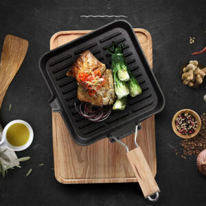 SOGA 2X 24cm Ribbed Cast Iron Square Steak Frying Grill Skillet Pan with Folding Wooden Handle, Home & Living, Kitchen & Dining, Cookware, Frying Pans, ,  - AU DEPOT 2