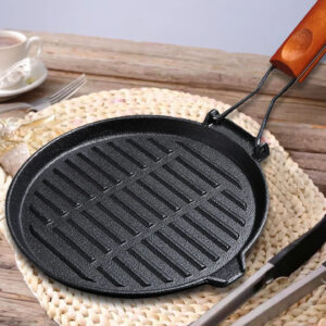 SOGA 2X 24cm Round Ribbed Cast Iron Steak Frying Grill Skillet Pan with Folding Wooden Handle, Home & Living, Kitchen & Dining, Cookware, Frying Pans, ,  - AU DEPOT 2