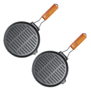 SOGA 2X 24cm Round Ribbed Cast Iron Steak Frying Grill Skillet Pan with Folding Wooden Handle Frying Pans ZPai026X2 AU DEPOT Frying Pans - AU DEPOT