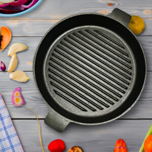 SOGA 2X 26cm Round Ribbed Cast Iron Frying Pan Skillet Steak Sizzle Platter with Handle, Home & Living, Kitchen & Dining, Cookware, Frying Pans, ,  - AU DEPOT 2