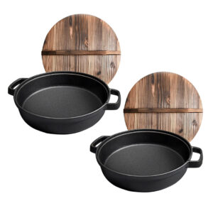 SOGA 2X 29cm Round Cast Iron Pre seasoned Deep Baking Pizza Frying Pan Skillet with Wooden Lid Frying Pans ZPaiC1X2 AU DEPOT Frying Pans - AU DEPOT