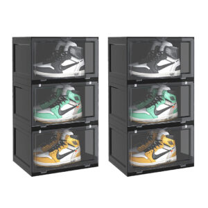 SOGA 2X 3 Tier Black Portable Shoe Organiser Sneaker Footwear Folding Plastic Bin Stackable Storage Box with Magnetic Door ShoeA8003BLKX2 AU DEPOT - AU DEPOT