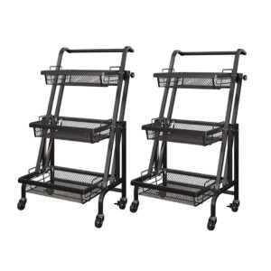 SOGA 2X 3 Tier Steel Black Adjustable Kitchen Cart Multi Functional Shelves Portable Storage Organizer with Wheels KitchenXY032X2 AU DEPOT - AU DEPOT