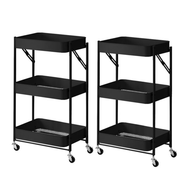 SOGA 2X 3 Tier Steel Black Foldable Kitchen Cart Multi-Functional Shelves Portable Storage Organizer with Wheels, Garden, Tools & Hardware, Garage Storage & Organisation, Utility Shelves, , ,  - AU DEPOT 1