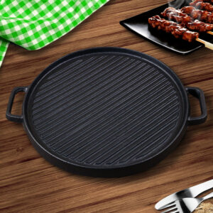 SOGA 2X 30cm Round Cast Iron Ribbed BBQ Pan Skillet Steak Sizzle Platter with Handle, Home & Living, Kitchen & Dining, Cookware, Frying Pans, ,  - AU DEPOT 2