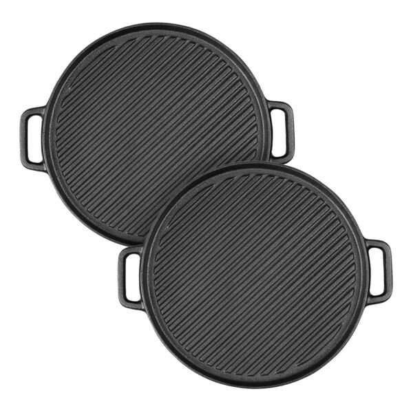 SOGA 2X 30cm Round Cast Iron Ribbed BBQ Pan Skillet Steak Sizzle Platter with Handle, Home & Living, Kitchen & Dining, Cookware, Frying Pans, ,  - AU DEPOT 1