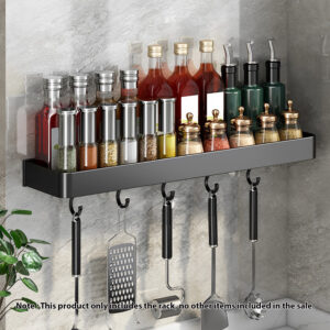 SOGA 2X 32cm Black Wall-Mounted Rectangular Kitchen Spice Storage Organiser Space Saving Condiments Shelf Rack with Hooks, Kitchen & Dining, Kitchen Storage, Kitchen Organisation, Spice Organisers, ,  - AU DEPOT 2