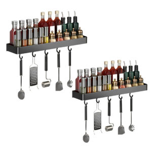 SOGA 2X 32cm Black Wall Mounted Rectangular Kitchen Spice Storage Organiser Space Saving Condiments Shelf Rack with Hooks Spice Organisers TAN1027X2 AU DEPOT Spice Organisers - AU DEPOT