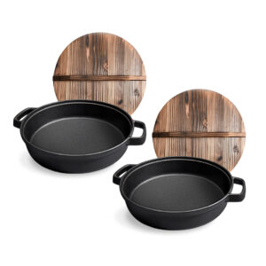 SOGA 2X 35cm Round Cast Iron Pre seasoned Deep Baking Pizza Frying Pan Skillet with Wooden Lid Frying Pans ZPaiC4X2 AU DEPOT Frying Pans - AU DEPOT