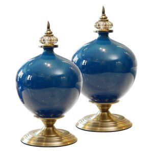 SOGA 2X 38cm Ceramic Oval Flower Vase with Gold Metal Base Dark Blue, Home & Living, Home Decor, Vases, , ,  - AU DEPOT 1