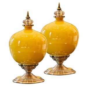 SOGA 2X 38cm Ceramic Oval Flower Vase with Gold Metal Base Yellow VaseCeremicCYellowX2 AU DEPOT - AU DEPOT