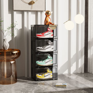 SOGA 2X 4 Tier Black Portable Shoe Organiser Sneaker Footwear Folding Plastic Bin Stackable Storage Box with Magnetic Door, Furniture, Storage & Shelving, Shoe Storage, , ,  - AU DEPOT 2