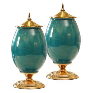 SOGA 2X 40cm Ceramic Oval Flower Vase with Gold Metal Base Green VaseCeremicAGreenX2 AU DEPOT - AU DEPOT