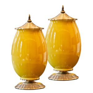 SOGA 2X 40cm Ceramic Oval Flower Vase with Gold Metal Base Yellow VaseCeremicAYellowX2 AU DEPOT - AU DEPOT