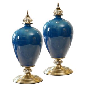 SOGA 2X 42cm Ceramic Oval Flower Vase with Gold Metal Base Dark Blue VaseCeremicBBlueX2 AU DEPOT - AU DEPOT