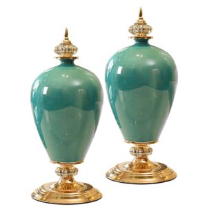 SOGA 2X 42cm Ceramic Oval Flower Vase with Gold Metal Base Green VaseCeremicBGreenX2 AU DEPOT - AU DEPOT