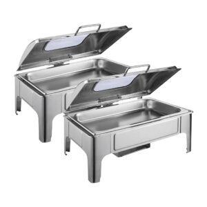 SOGA 2X 9L Rectangular Stainless Steel Soup Warmer Roll Top Chafer Chafing Dish Set with Glass Visual Window Lid ChafingDish0323X2 AU DEPOT - AU DEPOT