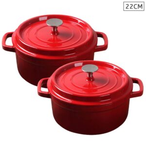 SOGA 2X Cast Iron 22cm Enamel Porcelain Stewpot Casserole Stew Cooking Pot With Lid Red, Home & Living, Kitchen & Dining, Cookware, Casserole Dishes, ,  - AU DEPOT 1