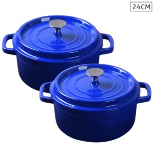 SOGA 2X Cast Iron 24cm Enamel Porcelain Stewpot Casserole Stew Cooking Pot With Lid Blue Casserole Dishes Stewpot24cmBlueX2 AU DEPOT Casserole Dishes - AU DEPOT