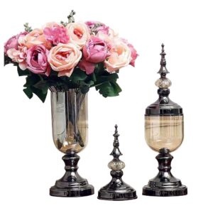 SOGA 2X Clear Glass Flower Vase with Lid and Pink Flower Filler Vase Black Set VaseGSetBlackwPinkF AU DEPOT - AU DEPOT