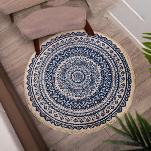 SOGA 2X Dark Blue Carpet Soft Linen Bohemian Non-Slip Floor Retro Minimalist Round Rug Home Decor with Tassels, Home & Living, Home Decor, Rugs, Shaggy Rugs, ,  - AU DEPOT 2