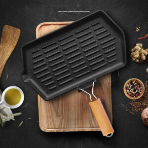 SOGA 2X Rectangular Cast Iron Griddle Grill Frying Pan with Folding Wooden Handle, Home & Living, Kitchen & Dining, Cookware, Frying Pans, ,  - AU DEPOT 2