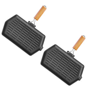 SOGA 2X Rectangular Cast Iron Griddle Grill Frying Pan with Folding Wooden Handle, , , , , ,  - AU DEPOT 1