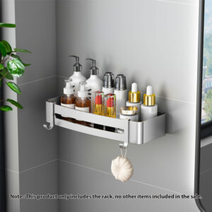 SOGA 2X Silver Wall-Mounted Rectangular Bathroom Storage Organiser Space Saving Adhesive Shelf Rack with Hooks, Home, Bathroom, Bathroom Accessories, Bathroom Storage, ,  - AU DEPOT 2