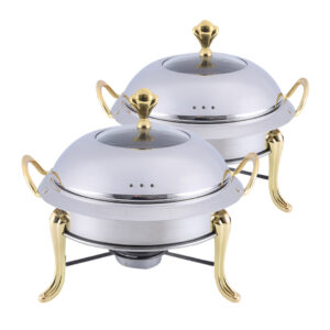 SOGA 2X Stainless Steel Gold Accents Round Buffet Chafing Dish Cater Food Warmer Chafer with Glass Top Lid ChafingDishSoupGoldX2 AU DEPOT - AU DEPOT