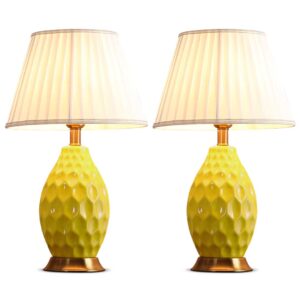 SOGA 2X Textured Ceramic Oval Table Lamp with Gold Metal Base Yellow Lamps TableLamp180YellowX2 AU DEPOT Lamps - AU DEPOT