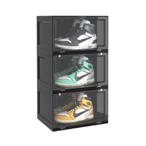 SOGA 3 Tier Black Portable Shoe Organiser Sneaker Footwear Folding Plastic Bin Stackable Storage Box with Magnet Doors, Furniture, Storage & Shelving, Shoe Storage, , ,  - AU DEPOT 1