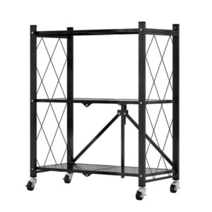 SOGA 3 Tier Steel Black Foldable Kitchen Cart Multi Functional Shelves Portable Storage Organizer with Wheels KitchenXY001 AU DEPOT - AU DEPOT