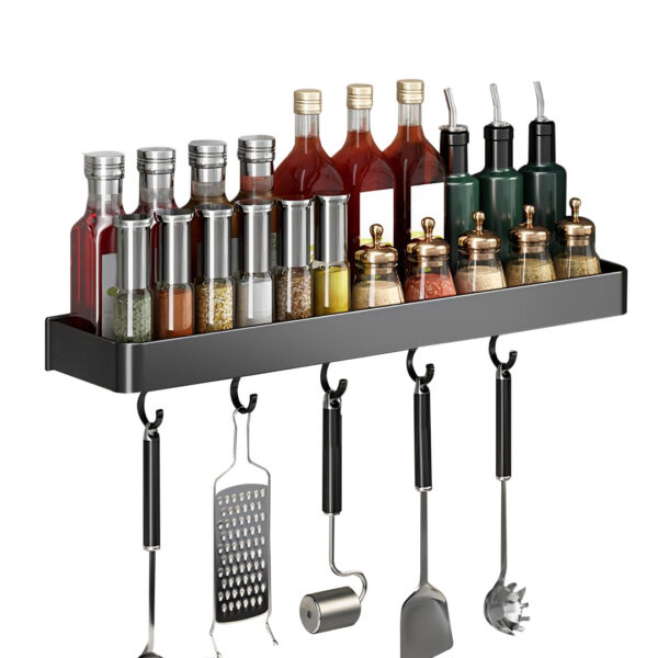 SOGA 32cm Black Wall-Mounted Rectangular Kitchen Spice Storage Organiser Space Saving Condiments Shelf Rack with Hooks, Kitchen & Dining, Kitchen Storage, Kitchen Organisation, Spice Organisers, ,  - AU DEPOT 1