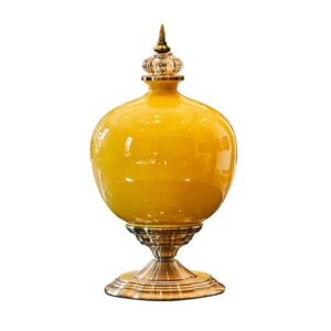 SOGA 38.50cm Ceramic Oval Flower Vase with Gold Metal Base Yellow VaseCeremicCYellow AU DEPOT - AU DEPOT