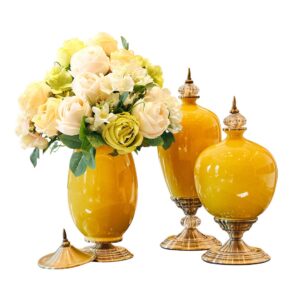 SOGA 3X Ceramic Oval Flower Vase with White Flower Set Yellow VaseCeremic535YellowSet AU DEPOT - AU DEPOT