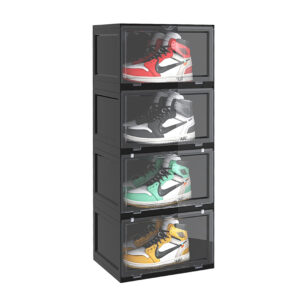 SOGA 4 Tier Black Portable Shoe Organiser Sneaker Footwear Folding Plastic Bin Stackable Storage Box with Magnetic Door ShoeA8004BLK AU DEPOT - AU DEPOT