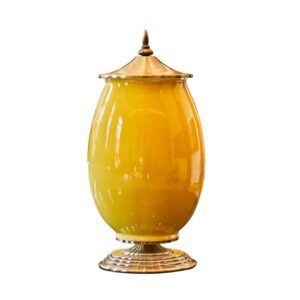 SOGA 40.5cm Ceramic Oval Flower Vase with Gold Metal Base Yellow VaseCeremicAYellow AU DEPOT - AU DEPOT