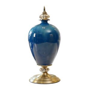 SOGA 42.50cm Ceramic Oval Flower Vase with Gold Metal Base Dark Blue VaseCeremicBBlue AU DEPOT - AU DEPOT