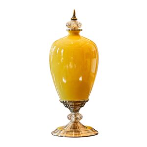 SOGA 42.50cm Ceramic Oval Flower Vase with Gold Metal Base Yellow VaseCeremicBYellow AU DEPOT - AU DEPOT