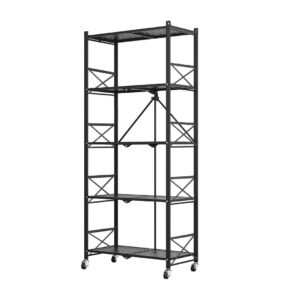 SOGA 5 Tier Steel Black Foldable Display Stand Multi Functional Shelves Portable Storage Organizer with Wheels KitchenXY030BLK AU DEPOT - AU DEPOT