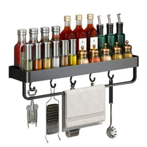 SOGA 52cm Black Wall Mounted Rectangular Kitchen Spice Storage Organiser Space Saving Condiments Shelf Rack with Hooks Spice Organisers TAN1029 AU DEPOT Spice Organisers - AU DEPOT