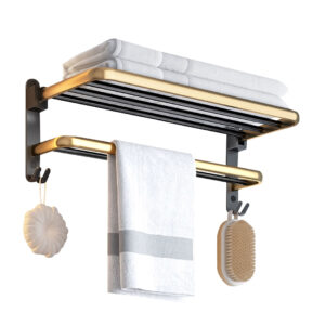 SOGA 62cm Wall Mounted Double Pole Towel Holder Bathroom Organiser Rail Hanger with Hooks Bathroom Storage TAN1012 AU DEPOT Bathroom Storage - AU DEPOT