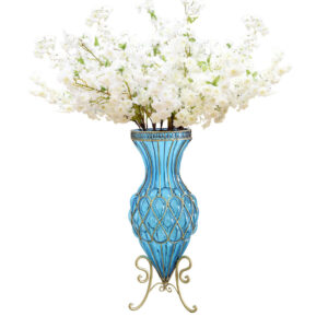 SOGA 67cm Blue Glass Tall Floor Vase with 10pcs White Artificial Fake Flower Set, Home & Living, Home Decor, Vases, , ,  - AU DEPOT 1