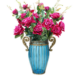 SOGA Blue Colored Glass Flower Vase with 8 Bunch 5 Heads Artificial Fake Silk Rose Home Decor Set YG8038B F008 AU DEPOT - AU DEPOT