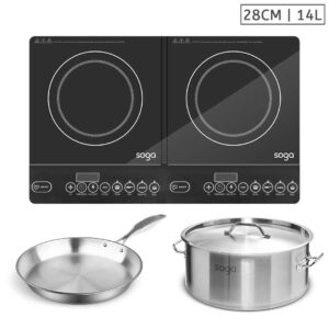 SOGA Dual Burners Cooktop Stove 14L Stainless Steel Stockpot and 28cm Induction Fry Pan Induction Cookware ECooktDBL StockPot14L FRY2864 AU DEPOT Induction Cookware - AU DEPOT